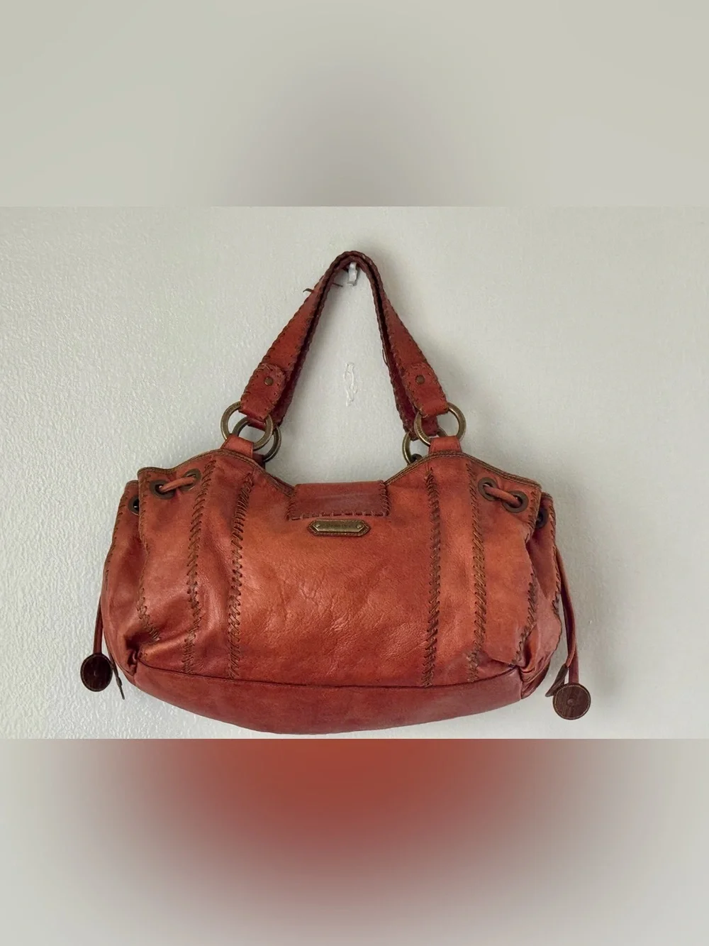 Isabella Fiore Whipstitch Leather Hobo Bag Boho Slouchy Brown Vintage